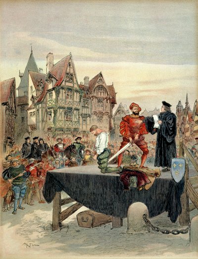 Jean de Poitiers, seigneur av Saint Vallier (ca. 1475-1539), kaptein for vaktene til Charles de Bourbon (1489-1537) var nådig på stillaset i 1524. Illustrasjon av Albert Robida