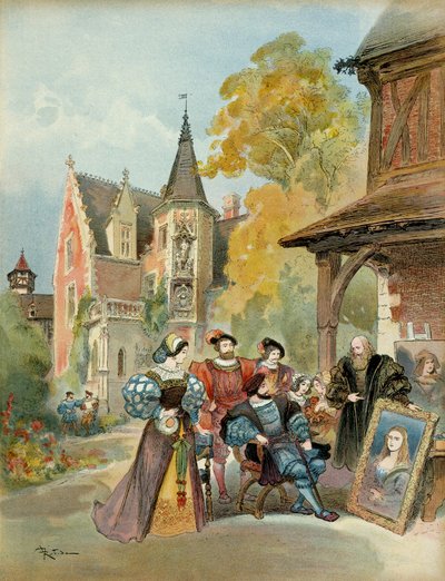 Kong Francois I (1494-1547) kjøpte Mona Lisa til Leonard de Vinci (Leonardo da Vinci) (1452-1519), nær det kongelige slottet i Amboise, mellom 1516 og 1519. Illustrasjon av Albert Robida