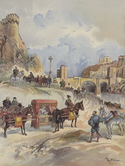 Marguerite de France skal besøke broren sin, blir mottatt ved Pont de Tolede av Charles-Quint av Albert Robida