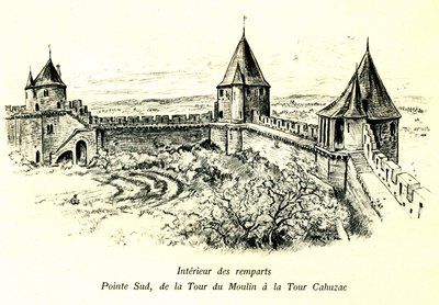 Middelalderbyen Carcassonne (Aude, Languedoc, Cathar Country) - Interiør av vollene, sørspissen, fra Moulin-tårnet til Cahuzac-tårnet - plassering av friluftsteateret - romantisk gravering av Albert Robida (1848-1926) i en bok utgitt på beg av Albert Robida