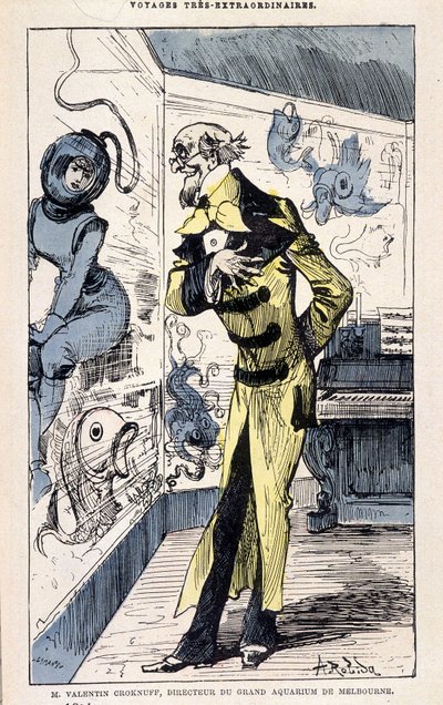Mr. Valentin Croknuff, direktør for det store akvariet i Melbourne, parodi på Jules Verne, "" Veldig ekstraordinære reiser av Saturnin Farandoul til 5 eller 6 deler av verden og til alle land kjent eller ukjent for Mr. Jules Verne" av Robida, Paris av Albert Robida
