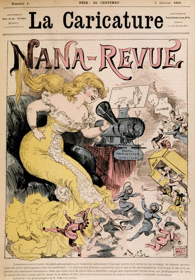 Nana-Revue: tegneserie om Zola og hennes verk "" Nana"" av Robida - i "" La Caricature""" fra 03.01.1880 av Albert Robida