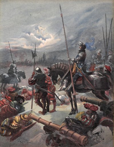 On the night of Marignan, illustrasjon fra 'Francois Ier: Le Roi Chevalier, av George G. Toudouze, pub. 1909 (farge litho) av Albert Robida