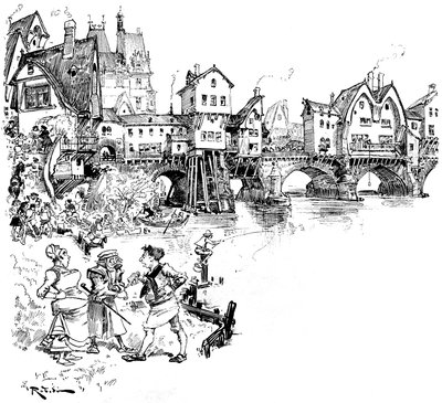 Paris: Seinen, bro med hus, innbyggere, parisere, scener av parisisk liv i middelalderen - arkitektur - urbane habitat - elv - illustrasjon av Albert Robida (1848-1926) av Albert Robida