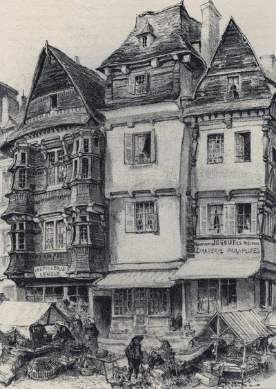 Place du marche i Lannion - Gamle Frankrike - Bretagne - tekst, tegninger og litografier, av Albert Robida (1848-1926) udatert slutten av 1800-tallet av Albert Robida