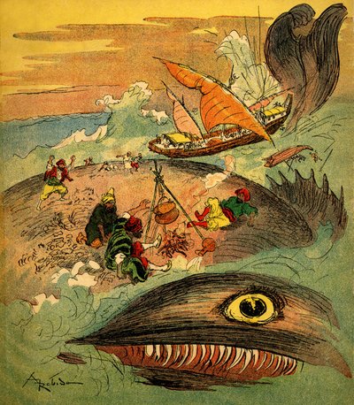Sindbad sjømannen (Sinbad) - fortelling om de tusen og én natt (1001) - bok fra 1948 som forteller sine eventyr (Fortin-utgaven, Wonderful Imaging of childhood collection) - illustrasjon av Albert Robida (1848 - 1926): Sindbad og hans følgesvenner har misl av Albert Robida