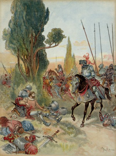 Sjette italienske krig (1521–1526): Pierre Terrail de Bayards død (1476–1524), såret av et arkebusangrep ved Rebec (Italia), i 1524, møtte ham Charles de Montpensier, som var tilkoblet Bourbon (1490–1527). . Illustrasjon av Albert Robida