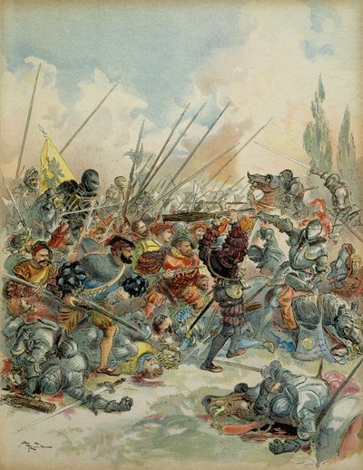 Sjette italienske krig (1521-1526): Kong Francois I (1494-1547) i Pavia (Italia) 24. februar av Albert Robida