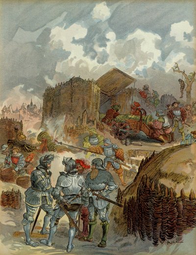Sjette italienske krig (1521-1526): Pierre Terrail de Bayard (1476-1524) ved hovedkvarteret til Mezieres i 1521. Illustrasjon av Albert Robida