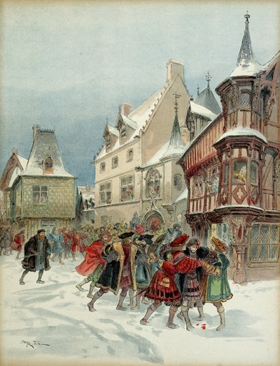 Snøballkamp i Romorantin (Frankrike). Kong Francois I (1494-1547) såret angrepet på Saint Pols residens 6. januar av Albert Robida