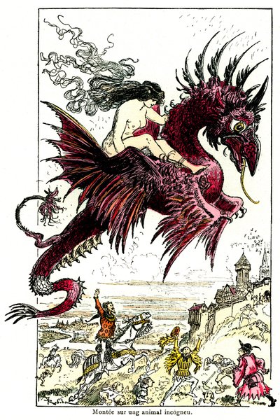 Succubus: kvinnelig demon (kvinne - kvinne) som rir på en drage - illustrasjon av Albert Robida for Drolatic Tales av Honore de Balzac - begynnelsen av 1900-tallet av Albert Robida