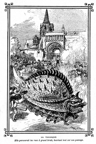 Tarascons Tarasque, fabelaktig monster fra Provences folklore: illustrasjon av Albert Robida av skoleboken quot;Choice of readingsquot; av A Mironneau, Librairie Armand Colin 1911 - av Albert Robida