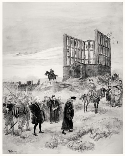 Superintendenten Jacques de Semblancay (ca. 1445-1527) dømt til døden, på vei opp til Montfaucon Gibbet, 1909 (wc på papir) av Albert Robida