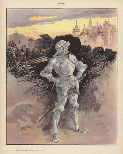 Klokken; soldat i rustning ser på beleiringen av en by (farge litho) av Albert Robida