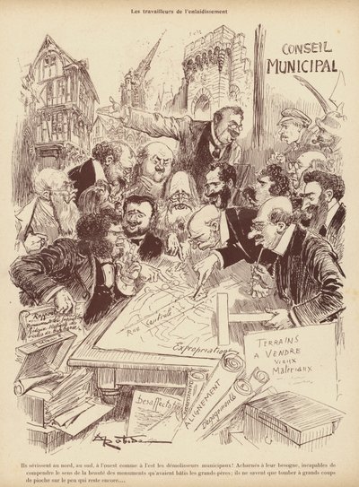 The Workers of the Disfigurement: planleggingsavdelingen til et kommunestyre (litho) av Albert Robida