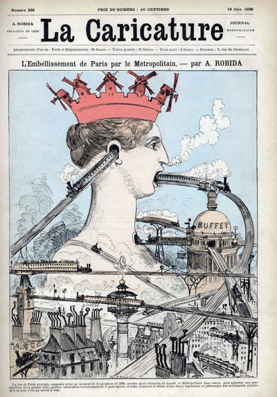 Forskjønnelsen av Paris med metro, illustrasjon av forventning av Albert Robida (1848-1926), i "" La Caricature"" av 19.06.1886 av Albert Robida