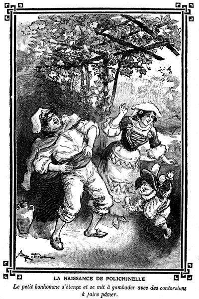 Fødselen til Polichinelle. Tegning av Albert Robida (1848-1926) i en lesebok for barn 1920-1930. av Albert Robida