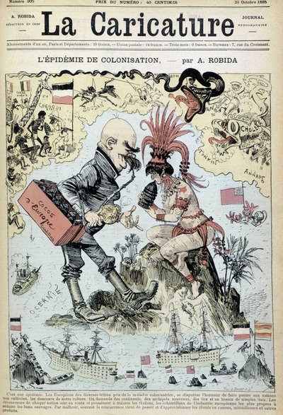 Koloniseringsepidemien: antikolonialistisk tegning av Robida - i "" La Caricature"" av 31.10.1885 av Albert Robida