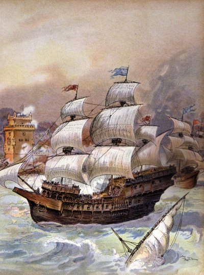 Flåten til Jean Ango blokkerer Tejo og truer Lisboa, ca. 1909 (illustrasjon) av Albert Robida