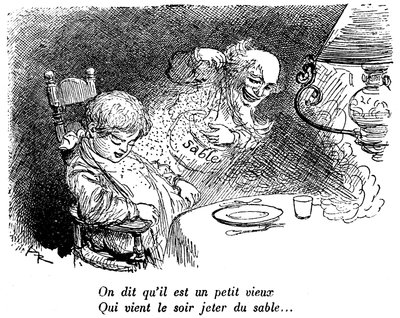 Sandhandleren har gått! Barn sover etter å ha spist. Sove. “” De sier han er en liten gammel mann som kommer for å kaste sand om natten...” Tegning av Albert Robida (1848-1926) i en lesebok for barn 1920-1930. av Albert Robida