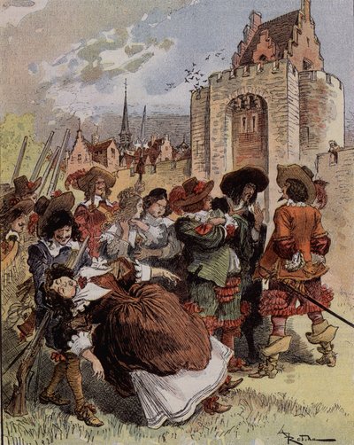 Kaptein Bellormeaus sjenanse - "" Madame de Malicorne falt i armene til en sersjant"". Karakter fra Albert Robidas bok. Omslag "" Den lille franskmannen illustrert"" fra 20.01.1900. av Albert Robida