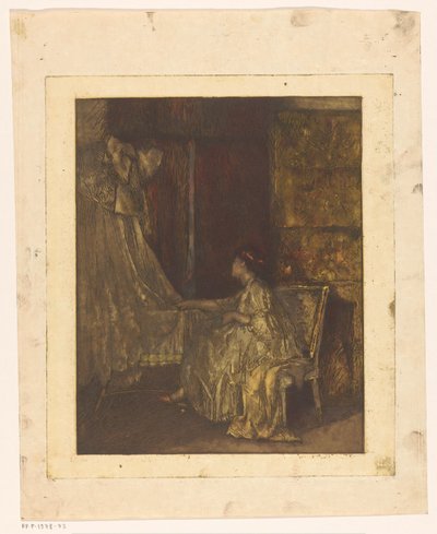 Kvinne sitter på en stol ved siden av en barneseng av Albert Roelofs