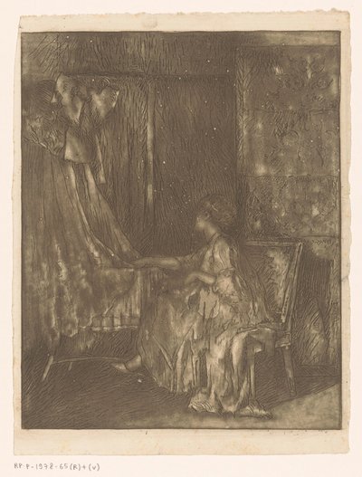 Kvinne sitter på en stol ved siden av en barneseng av Albert Roelofs