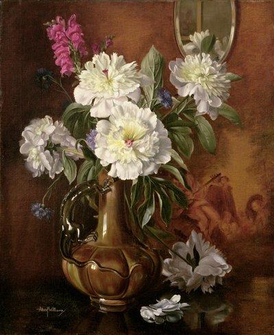AB298 Hvite peoner i en glasert viktoriansk vase av Albert Williams