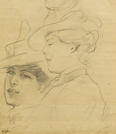 Hodet til en kvinne iført en dekorert hatt, profil og trekvart visning, ca. 1900 (blyant på lysebrunt papir) av Albert de Belleroche