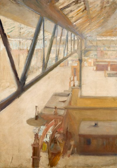 Utsikt over en jernbanestasjon, ca. 1900 (olje på lerret) av Albert de Belleroche