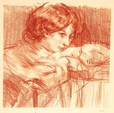 Ung dame lener seg på kryssede hender, 1902 av Albert de Belleroche
