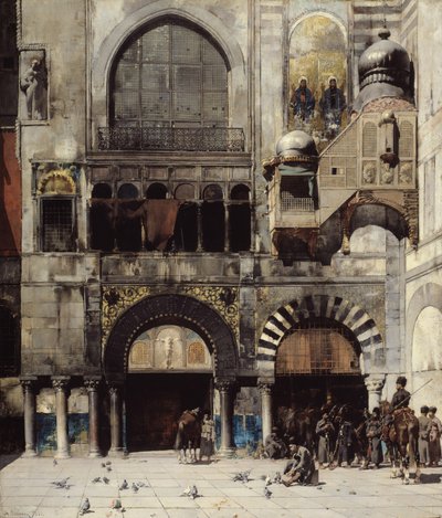 Sirkassisk kavaleri venter på sin kommanderende offiser ved døren til et bysantinsk monument, Orientens minne, 1880 av Alberto Pasini