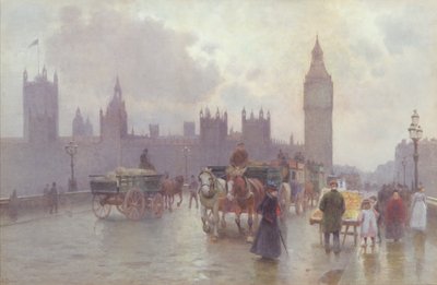 Houses of Parliament fra Westminster Bridge, ca. 1900 (wc på papir) av Alberto Pisa