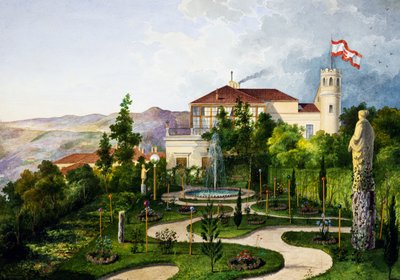 Eksteriør med hage, sør-vest for Villa Lazzarovic Trieste-residensen til Maximilian av Habsburg (1832-1867) av Alberto Prosdocini or Prosdocimi
