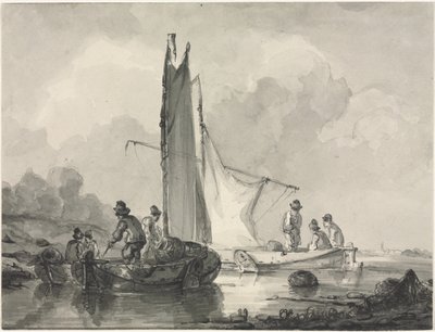 Elvelandskap med fisker og tre båter av Albertus van Beest