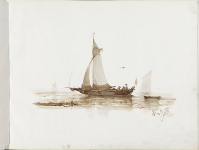 Seilskute med figurer på vannet av Albertus van Beest