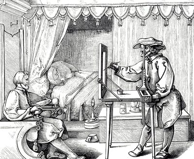 En tresnittsgravering som viser en kunstner som bruker et tegnehjelpemiddel for å få proporsjonene til et portrett riktige. Gravering av Albrecht Dürer (1471-1528), en tysk maler, grafiker og teoretiker fra renessansen av Albrecht (after) Durer or Duerer