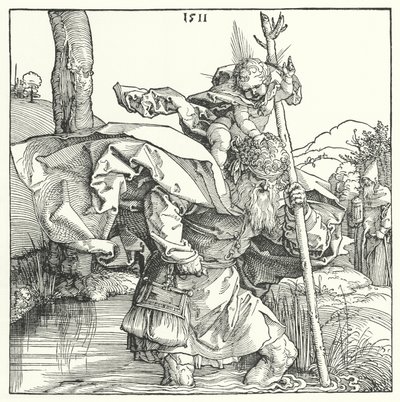 St Christopher bærer spedbarnet Kristus (gravering) av Albrecht (after) Durer or Duerer