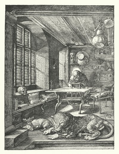 St Hieronymus i hans studie (gravering) av Albrecht (after) Durer or Duerer