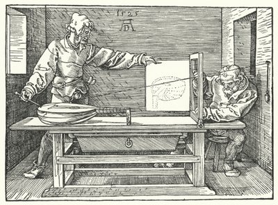 Bruken av strenger for å konstruere et perspektivbilde av en lut (gravering) av Albrecht (after) Durer or Duerer
