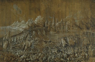 Landaknechten, Battle on a Bridge (penn og blekk med gouache på papir) av Albrecht Altdorfer