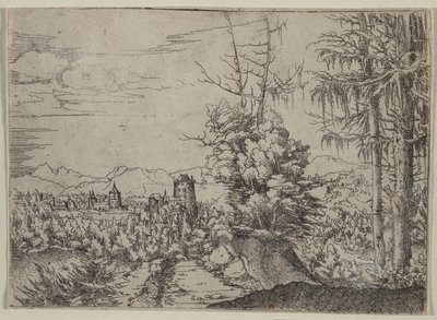 Landskap med to furutrær av Albrecht Altdorfer