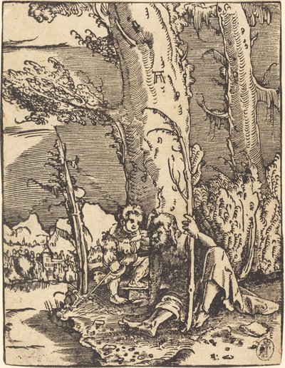Saint Christopher sitter ved en elvebredd av Albrecht Altdorfer