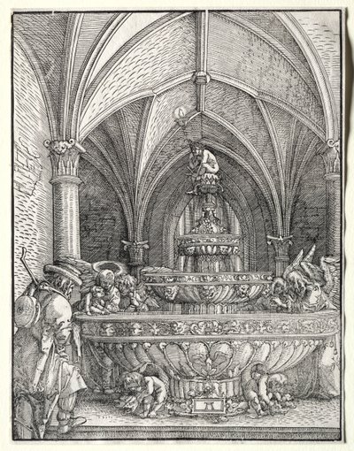 Den hellige familie på flukt til Egypt ved en fontene av Albrecht Altdorfer