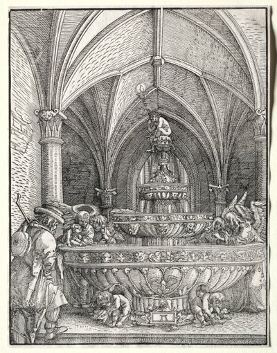 Den hellige familie på flukt til Egypt ved en fontene, ca. 1520. av Albrecht Altdorfer