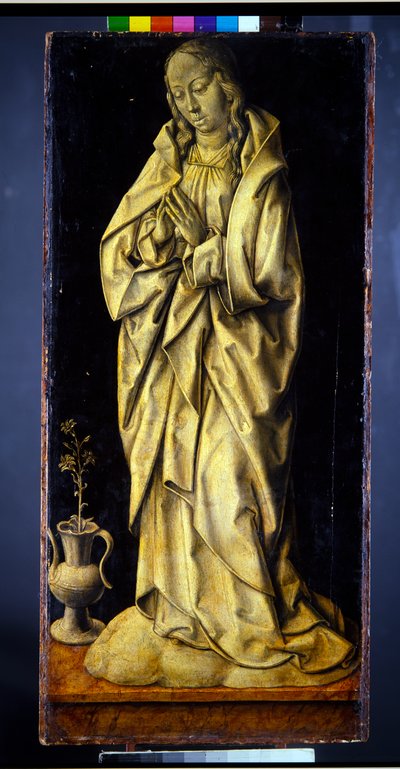 Tidligere vingene til en triptyk, et par, kvinnelige figurer som personifiserer visdom og generøsitet, med kunngjøringen (panel; en grisaille verso) av Albrecht Bouts