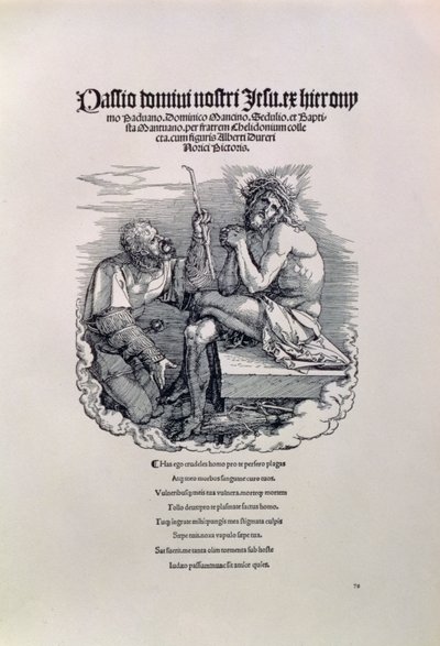En romersk soldat som håner Kristus, med kunstnerens navn på latin over og under et dikt som berømmer mannen for hans synder, tittelside til serien The Great Passion, pub. 1511 av Albrecht Dürer