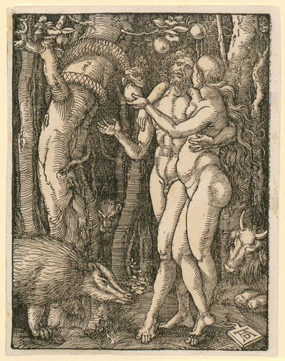 Adam og Eva, blad 2 fra serien "Den lille tresnittspasjonen" av Albrecht Dürer