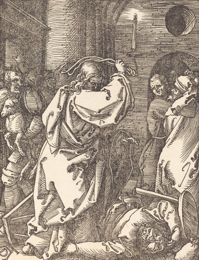 Kristus utviser pengeutlånerne fra tempelet, sannsynligvis ca. 15091510. av Albrecht Dürer