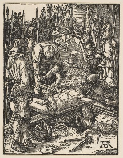 Kristus naglet til korset, fra The Small Passion, ca. 1509. av Albrecht Dürer